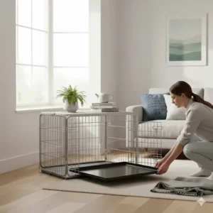 A person sliding out the removable metal base tray from a galvanised steel dog crate for easy cleaning.