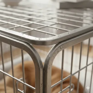 Close-up of the rust-resistant galvanised steel finish on a dog crate, highlighting the protective zinc coating.