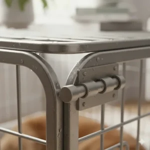 Detail of the heavy-duty sliding bolt latches on a galvanised steel crate for maximum pet security.