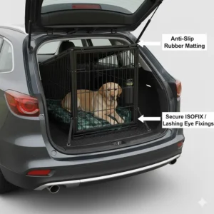 Interior of a car boot featuring a dog crate secured with heavy-duty straps to lashing eyes on a protective anti-slip rubber mat.