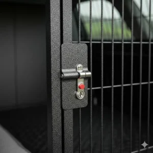 Detail shot of the secure escape-proof locking mechanism on a premium vehicle dog crate.