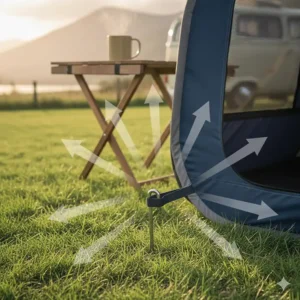 Illustration of metal ground pegs securing a pop-up dog crate to a campsite pitch to prevent it from blowing over in the wind.