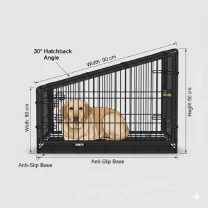Technical diagram showing the side profile and 30-degree angle of a sloping dog crate for hatchback cars with measurements in centimetres.