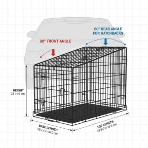 Alt text for image 2: A technical diagram illustrating the front and rear angles of a sloping dog crate, showing how it fits against the incline of a hatchback door.