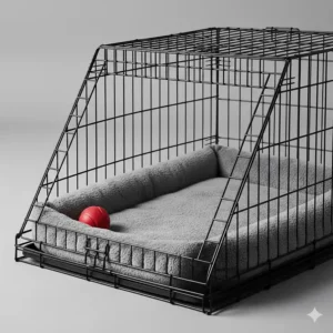 Alt text for image 8: An illustration of a sloping dog crate fitted with a soft grey fleece liner to show pet comfort during travel in the car.