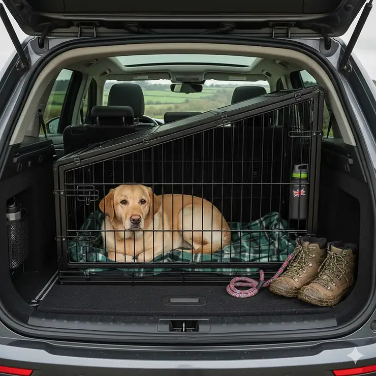 A golden retriever resting inside a black sloping dog crate designed to fit perfectly into the boot of a grey hatchback car. sloping dog crate for hatchback