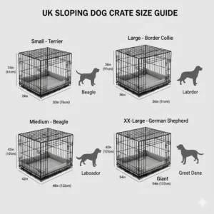 Alt text for image 7: A size chart for cheap sloping dog crates with silhouettes of common UK breeds like Spaniels and Labradors for scale.