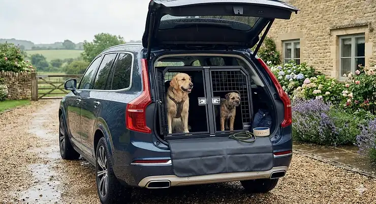 A custom-fit Volvo XC90 dog crate installed in the boot of a 7-seater SUV, showing a secure travel solution for British pet owners. Volvo XC90 dog crate