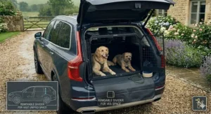 A twin-compartment Volvo XC90 double dog crate with a removable divider, providing a flexible and secure space for two dogs.