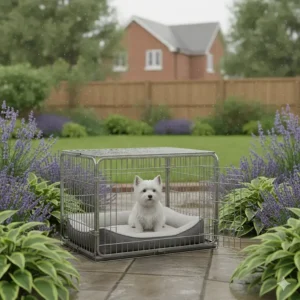 A galvanised steel dog crate placed in a British garden, demonstrating its weatherproof and anti-corrosive properties.