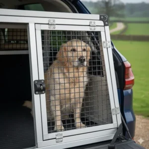 Close-up of the mesh wiring on a BMW X5 dog cage, ensuring maximum airflow for pets during summer travel.