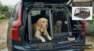A close-up illustration of the ventilated steel bars on a Volvo XC90 dog crate, designed for optimal airflow and visibility during car journeys.