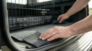 A photorealistic close-up view of a hand applying pre-cut pieces of anti-rattle felt matting to a metal contact point on the boot floor next to a wire dog cage for sound dampening.