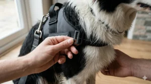 A detailed shot of a person adjusting the side buckles on a dog car harness to ensure a snug and comfortable fit for the animal.