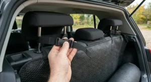 Close-up of adjustable quick-release headrest straps and clips for easy installation of a car boot cover.