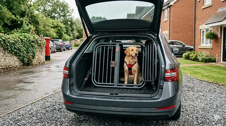 A secure and affordable crash tested dog crate installed in the boot of a British estate car, showing a comfortable dog inside. affordable crash tested dog crate