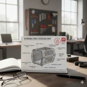 Cutaway illustration of the reinforced aluminium frame used in affordable crash tested dog crates for lightweight durability.