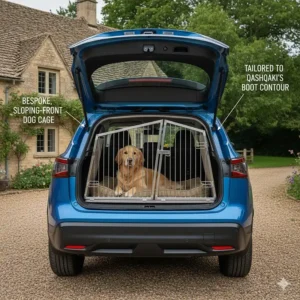 A bespoke, sloping-front dog cage tailored to fit the specific interior boot contour of a modern Nissan Qashqai.