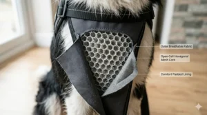 A technical cutaway view showing the three layers of the harness: outer breathable fabric, open-cell hexagonal mesh core, and comfort padded lining.