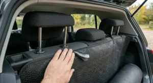 A Cocker Spaniel resting comfortably on a padded, high-quality car boot liner after a country walk.