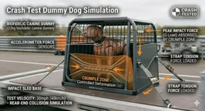 A technical drawing representing a laboratory crash test simulation of a dog crate at 30mph to ensure structural integrity and pet safety.