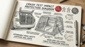A diagram showing how an affordable crash tested dog crate absorbs energy during a collision to protect the pet.