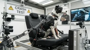 A photorealistic crash test laboratory showing a canine test dummy wearing a safety harness secured to a car seat for impact testing.