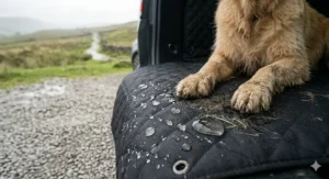 A wet Golden Retriever sitting on a waterproof boot liner after a rainy walk in a UK park.
