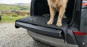 Illustration of a dog boot liner with a fold-out bumper protector to prevent scratches from muddy paws.