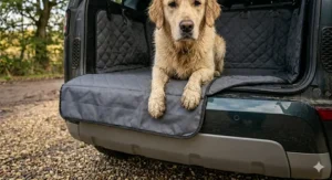 A dog boot cover featuring a fold-out bumper protector to prevent scratches from claws on the rear bumper.