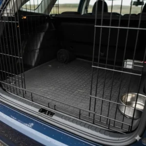 Detailed view of the removable, easy-clean anti-slip rubber matting fitted inside a Ford Focus dog crate to keep pets stable during journeys.
