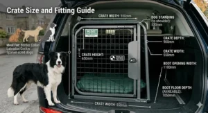A size guide showing how to measure a car boot for a crash tested dog crate, featuring common UK hatchbacks and SUVs.