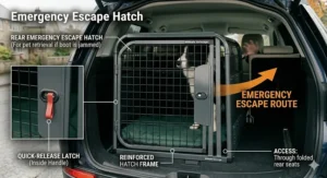 Detailed view of an emergency rear escape hatch on a crash tested dog crate, allowing pet retrieval through the folded rear seats if the boot is jammed.