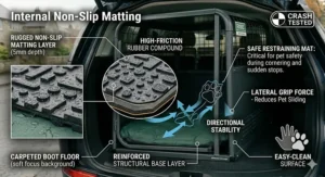 Close-up of a dog crate interior featuring a 5mm high-friction rubber non-slip mat to prevent pets from sliding during cornering.
