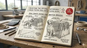 A size comparison chart for affordable dog crates featuring common UK breeds like the Cocker Spaniel and Labrador.