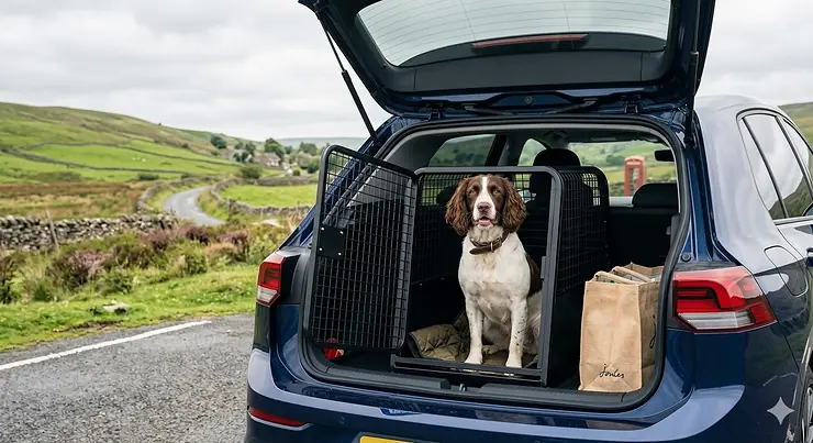 A bespoke black metal dog crate fitted into the boot of a Volkswagen Golf Estate, showing a Springer Spaniel sitting comfortably inside against a blurred British countryside background. dog crate for VW Golf