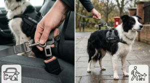 A split-screen illustration showing a dog harness being used as a car restraint on the left and for a walk near a red UK post box on the right.