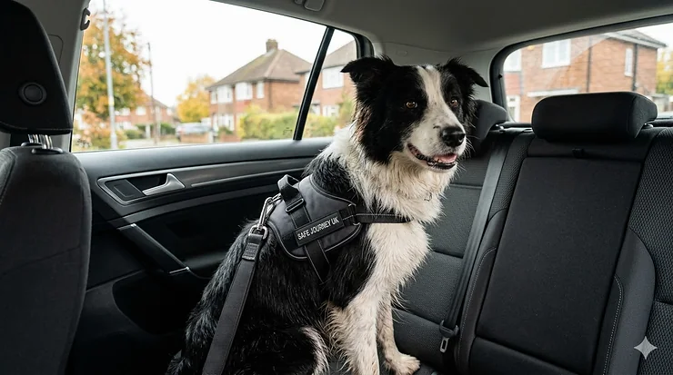 A Border Collie sitting on a car's rear seat, safely restrained by a grey padded dog seat belt harness with a 'SAFE JOURNEY UK' patch. dog seat belt harness