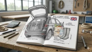 Technical illustration showing the dimensions of a dog travel crate fitting alongside groceries in a standard UK hatchback boot.
