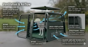 Illustration of the wide-set bars and side vents on a dog crate ensuring optimal cross-ventilation and temperature control for pets.