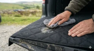 A person easily wiping down a quilted dog boot liner after a muddy walk in the UK countryside.