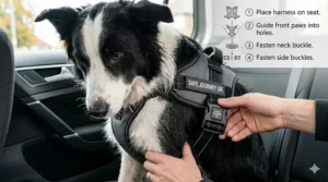 Close-up of a person's hands fitting a step-in dog harness on a Border Collie, featuring a visual four-step instruction guide.