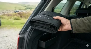 Compact, folded waterproof dog boot liner showing how easily it stores away when not in use.