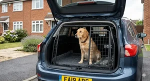 Interior view of a Ford Focus boot showcasing the precise floor space available when a tailored dog crate is installed.