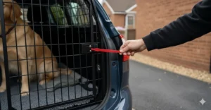 Close-up view highlighting the secondary emergency escape door on the rear of the dog crate, ensuring pet safety during unexpected travel situations.