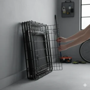 The dog crate shown in its collapsed, fold-flat position, designed for effortless storage in a British garage or utility room.