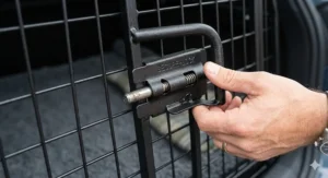 Close-up detail of the heavy-duty, spring-loaded bolt locking mechanism on a dog crate designed for maximum security in a Ford Focus.