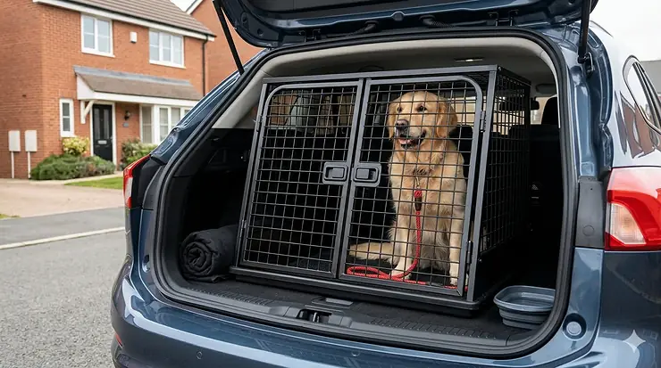 A heavy-duty steel dog crate custom-fitted into the boot of a Ford Focus, providing a secure and comfortable enclosure for pets on the road.