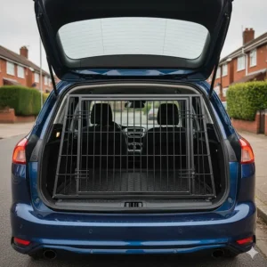 A full-width dog crate installation specifically engineered to maximise the larger boot capacity of the Ford Focus Estate model.
