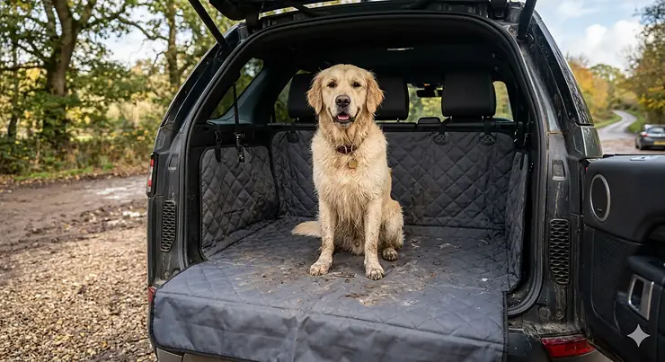 A Golden Retriever sitting on a heavy-duty waterproof car boot cover inside a Land Rover. car boot cover for dogs